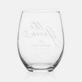 De bruidegom Elegant Script Grooms Naam Bruiloft D Wijnglas Zonder Voet (Achterkant)