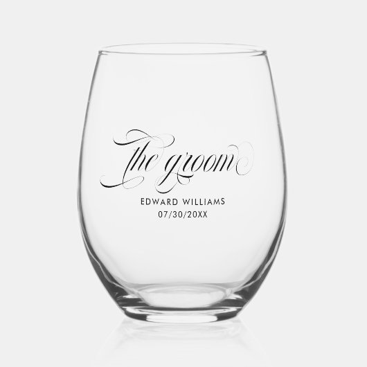 De bruidegom Elegant Zwart Script Typografie Wijnglas Zonder Voet (Voorkant)