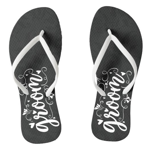 De bruidegom wit script typografie op zwart teenslippers (Voetbed)