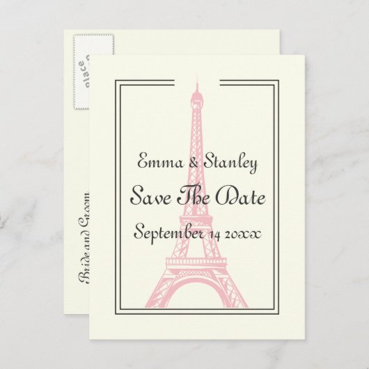 De bruidroze Eiffeltoren van Parijs sparen de Datu Aankondigingskaart (Voorkant / Achterkant)