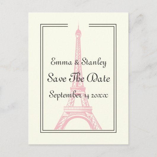 De bruidroze Eiffeltoren van Parijs sparen de Datu Aankondigingskaart (Voorkant)
