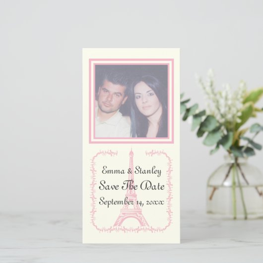 De bruidroze Eiffeltoren van Parijs sparen de Datu Save The Date (Staand voorkant)