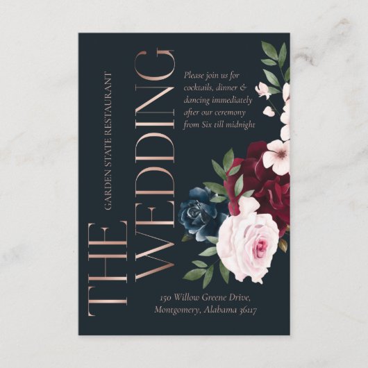 De bruiloft Bourgondië & Navy Waterverf Bloemen Informatiekaartje (Voorkant)