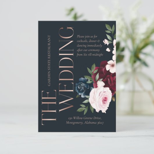 De bruiloft Bourgondië & Navy Waterverf Bloemen Informatiekaartje (Staand voorkant)