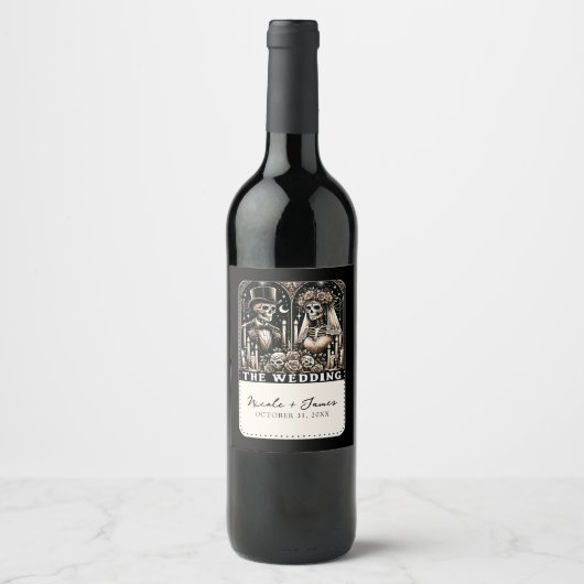 DE BRUILOFT Tarot Skeletten Bruid & bruidegom Wijn Etiket (Voorkant)