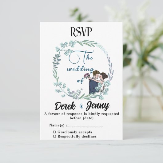 De bruiloft van blauwe minnaars RSVP kaartje (Staand voorkant)