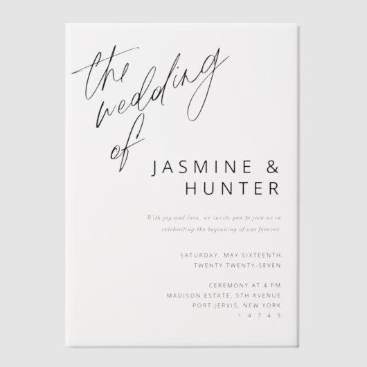 De bruiloft van de Minimal Modern Black Script bru Vellum Uitnodigingen (Voorkant)