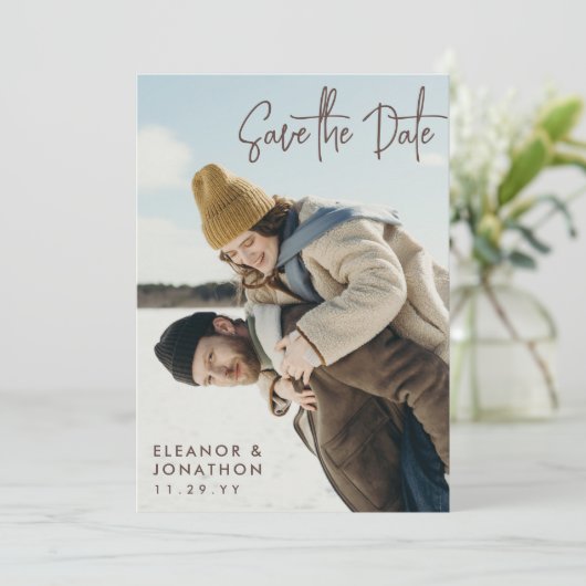 De bruine Foto van het Manuscript van de Handteken Save The Date (Staand voorkant)