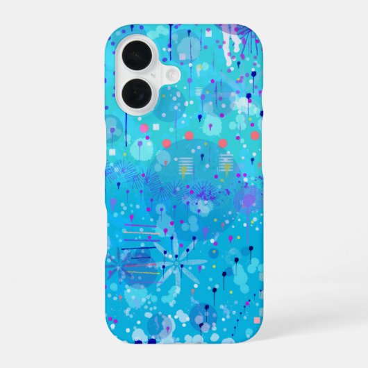 De Bubbelmachine: Blauwe Abstracte Kunst iPhone 16 Hoesje (Achterkant)