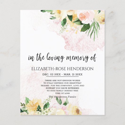 DE BUDGET FLORAL SYMPATHY MEMORIAL DANK JE KAART. FLYER (Voorkant)