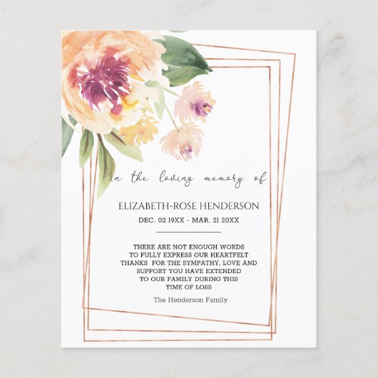 DE BUDGET FLORAL SYMPATHY MEMORIAL DANK JE KAART.  FLYER (Voorkant)