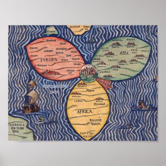 DE BUNTING CLOVER LEAF MAP VAN JERUSALEM (1581) POSTER (Voorkant)