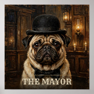 De burgemeester Pug Vintage Western huisdier portr Poster