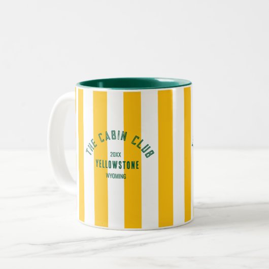 De Cabin Club Custom Crest Yellow Park Stripe Tweekleurige Koffiemok (Voorkant links)