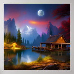 De Cabin in de Cove onder de maan Poster