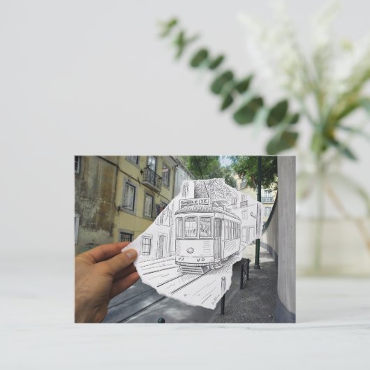 De camera van het potlood Vs - de Tram van Lissabo Briefkaart (Staand voorkant)