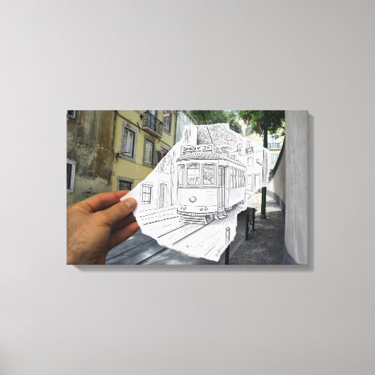 De camera van het potlood Vs - de Tram van Lissabo Canvas Afdruk (Voorkant)