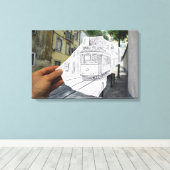 De camera van het potlood Vs - de Tram van Lissabo Canvas Afdruk (Insitu (Houten vloer))