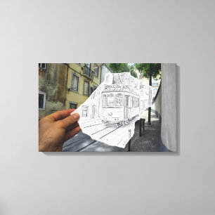 De camera van het potlood Vs - de Tram van Lissabo Canvas Afdruk