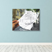 De camera van het potlood Vs - de Tram van Lissabo Canvas Afdruk (Insitu (Houten vloer))