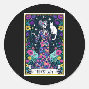 De Cat Lady Tarot Kaart Halloween Skeleton Skul Oc Ronde Sticker