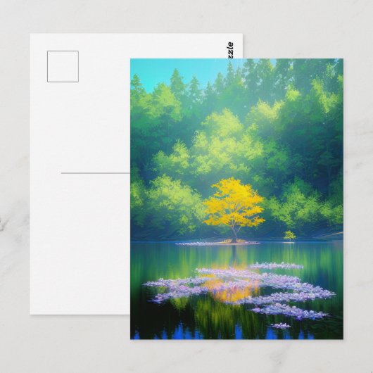 De charmante gele boom in het hart van het meer briefkaart (Voorkant / Achterkant)