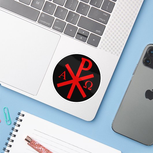 De Chi-Rho Cross - v2 (rood op zwart) Sticker (Laptop met iPhone)