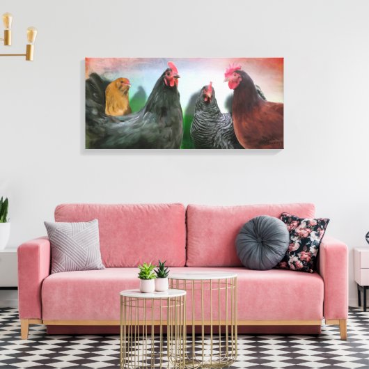 De Chicken Dames 26x12 Stretched Canvas (Insitu (Woonkamer))