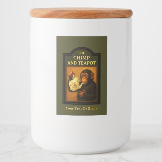 De chimp en theepot pub voedselcontainer etiket (Voorkant)