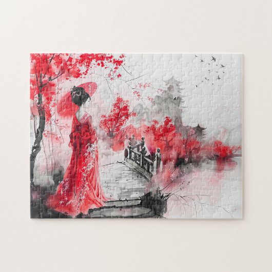 De Chinese Waterverf Geisha op een brug Legpuzzel (Horizontaal)