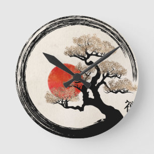 De Cirkel van Enso en Boom Bonsai op Canvas Ronde Klok