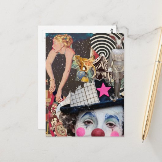 De clown mixed media collage briefkaart (Voorkant / Achterkant in situ)
