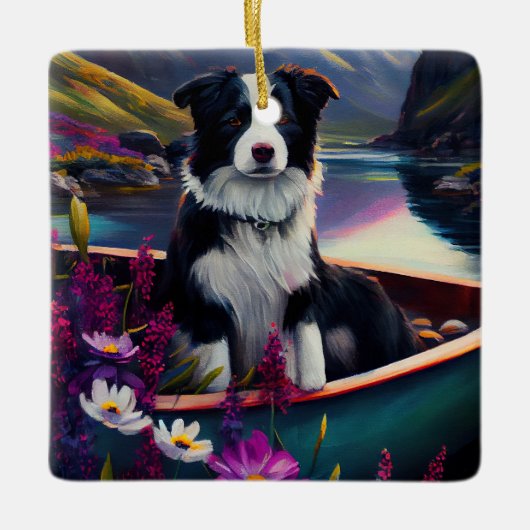 De Collie van de grens op een Paddle: Een Schilder Keramisch Ornament (Voorkant)