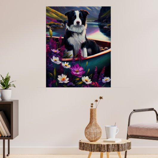 De Collie van de grens op een Paddle: Een Schilder Poster (Woonkamer 3)
