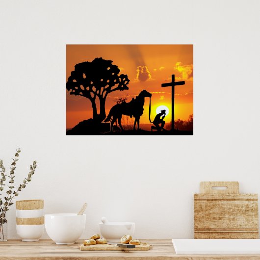 De cowboy bij de Cross Westerne Christelijke Kunst Poster (Keuken)