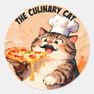 De Culinaire Kat met Pizzakat Chef die Pizza Vasth Ronde Sticker