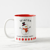 De Cute Snowman Winter maakt me Snow Happy! Twee-k Tweekleurige Koffiemok (Links)