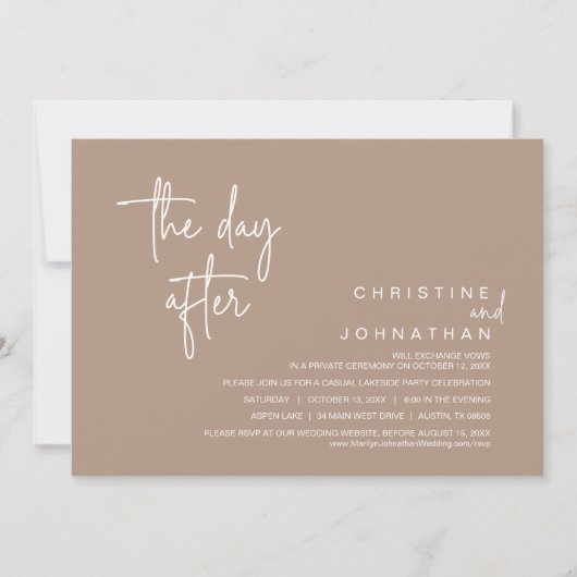 De dag erna, post bruiloft, warme taupe kaart (Voorkant)