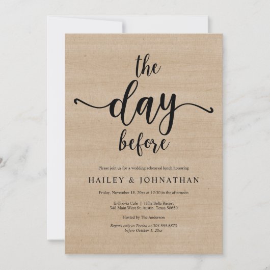 De dag ervoor, bruiloft repetitie lunch of brunch kaart (Voorkant)