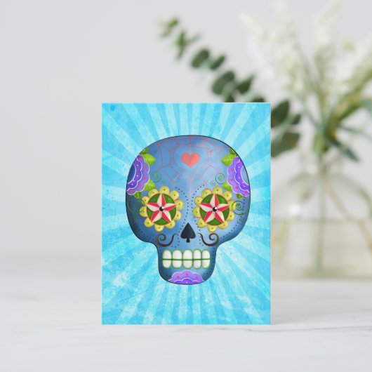 De dag van de dode blauwe suikerschedel briefkaart (Staand voorkant)