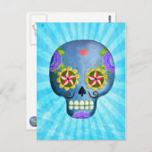 De dag van de dode blauwe suikerschedel briefkaart (Voorkant / Achterkant)