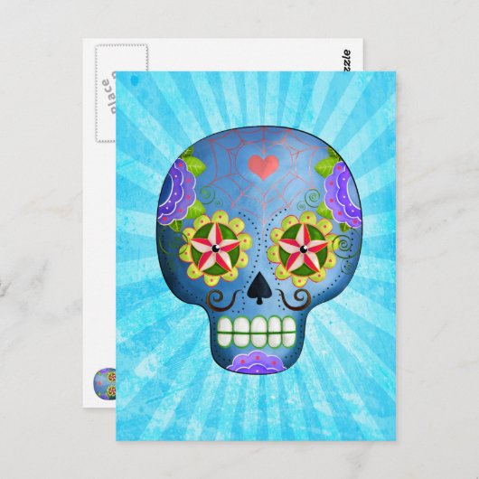 De dag van de dode blauwe suikerschedel briefkaart (Voorkant / Achterkant)