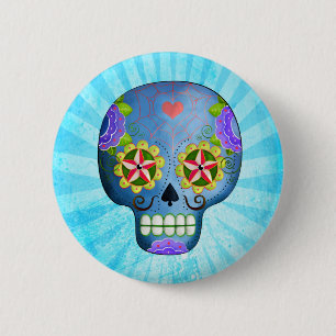 De dag van de dode blauwe suikerschedel ronde button 5,7 cm