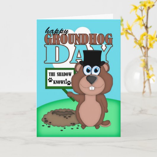 De Dag van Groundhog met Leuke Cartoon Groundhog Kaart (Gele Bloem)