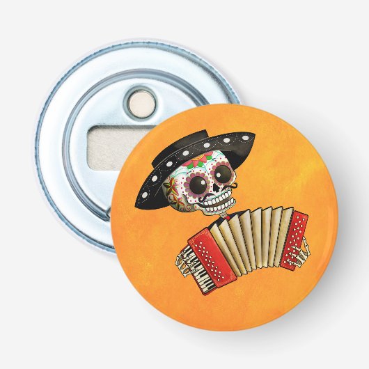 De dag van het dode skelet El Mariachi Button Flesopener (Voorkant)
