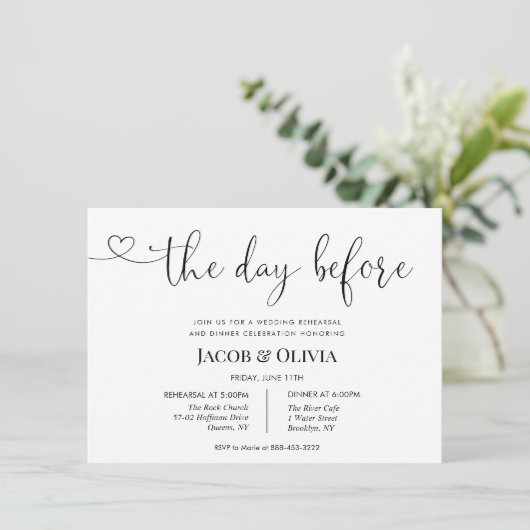 De dag voor bruiloft repetitie diner kaart (Staand voorkant)