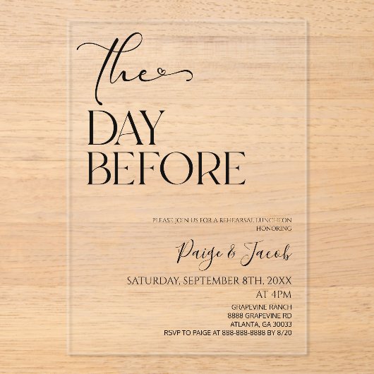 De dag voor bruiloft repetitie lunch acryl uitnodigingen (Voorkant)