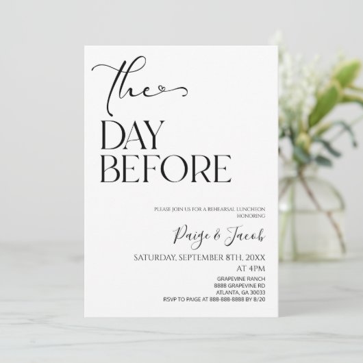 De dag voor bruiloft repetitie lunch kaart (Staand voorkant)