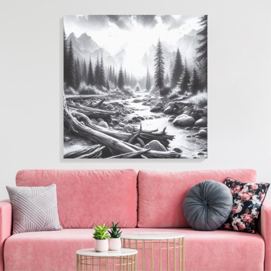 De dageraad breekt uit over de met dennen bedekte canvas afdruk (Insitu (Woonkamer))