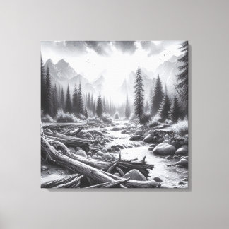 De dageraad breekt uit over de met dennen bedekte canvas afdruk